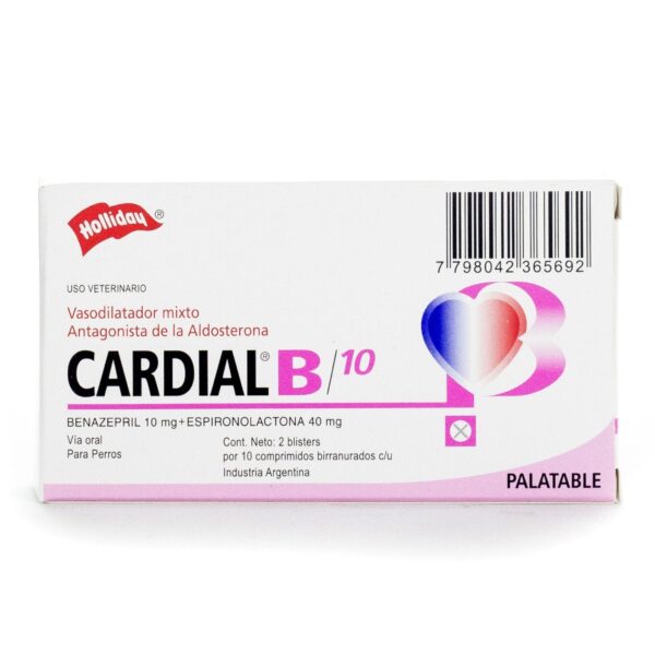 Cardial B 10 mg – Benazepril + Espironolactona – Vasodilatador mixto y protector cardíaco en perros – Holliday – Caja con 20 comprimidos Productos veterinarios Holliday | Envios a toda Guatemala