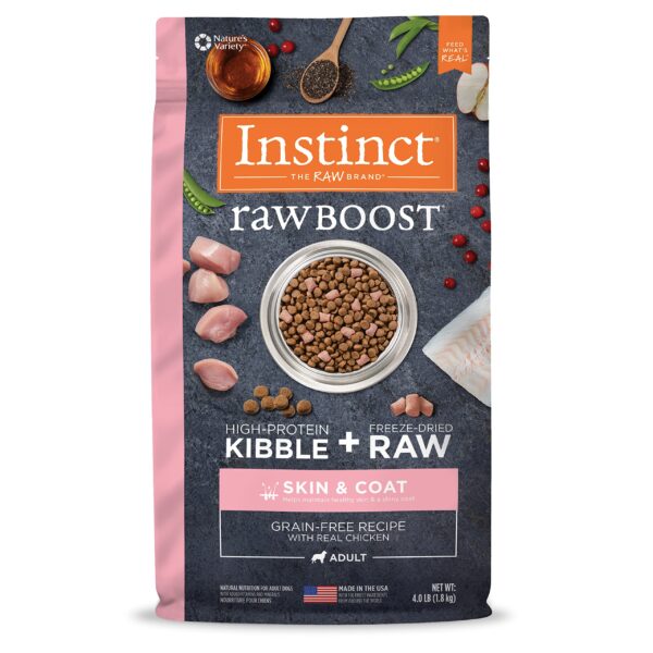 INSTINCT RAW BOOST GRAIN FREE CHICKEN SKIN y COAT Pollo 4 LB – Alimento Premium para PerrosFarmacia.PET