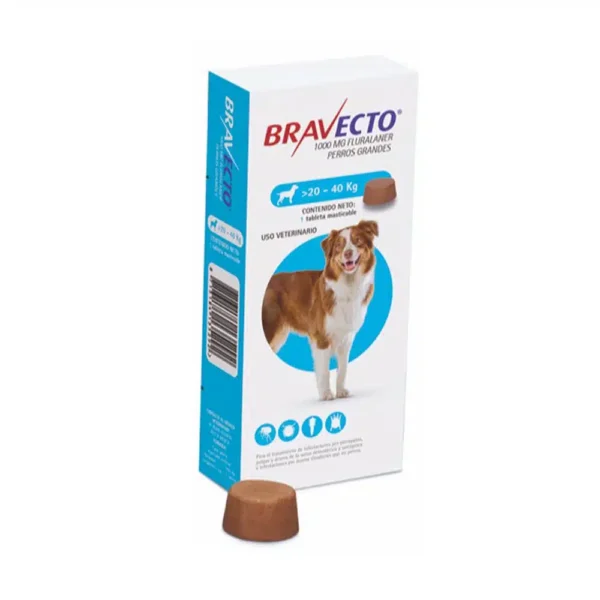 Bravecto 1000 MG  DE 20 KILOS a 40 KILOS para 3 meses Productos veterinarios Intervet MSD | Envios a toda Guatemala