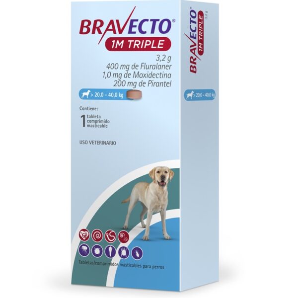 Bravecto 1M Triple 400 mg 20 a 40 Kg | Antipulgas y Antiparasitario para Perros Grandes en Guatemala Productos veterinarios Bravecto 1 mes Triple | Envios a toda Guatemala