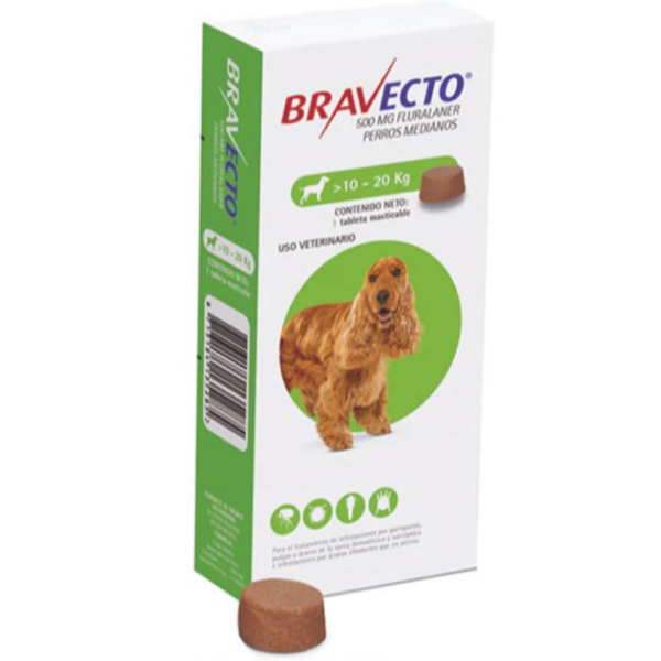 Bravecto 500 MG  DE 10 KILOS a 20 KILOS para 3 meses Productos veterinarios Intervet MSD | Envios a toda Guatemala