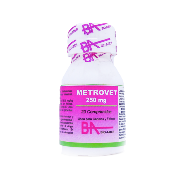 Metrovet 250 mg Metronidazol Frasco de 20 comprimidos de 250 mg Productos veterinarios Delta Vet Group | Envios a toda Guatemala