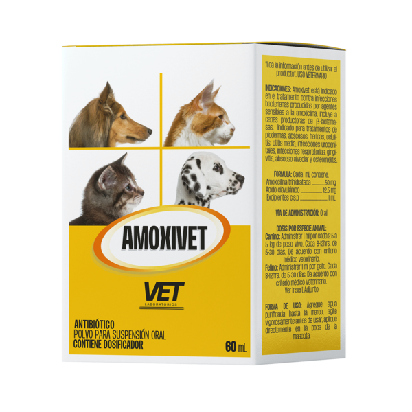 Amoxivet Polvo 60 ml indicado para tratamientos de 
piodermas, abscesos, heridas, celulitis, 
otitis media Productos veterinarios VET | Envios a toda Guatemala