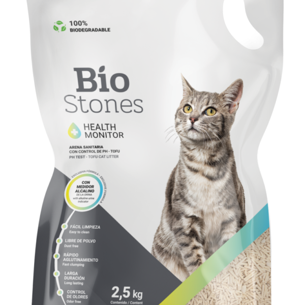 BIO STONES HEALTH MONITOR hecho principalmente de tofu y con nuestras exclusivas particulas para prueba de pH 5 5 libras Productos veterinarios Arena para gatos | Envios a toda Guatemala