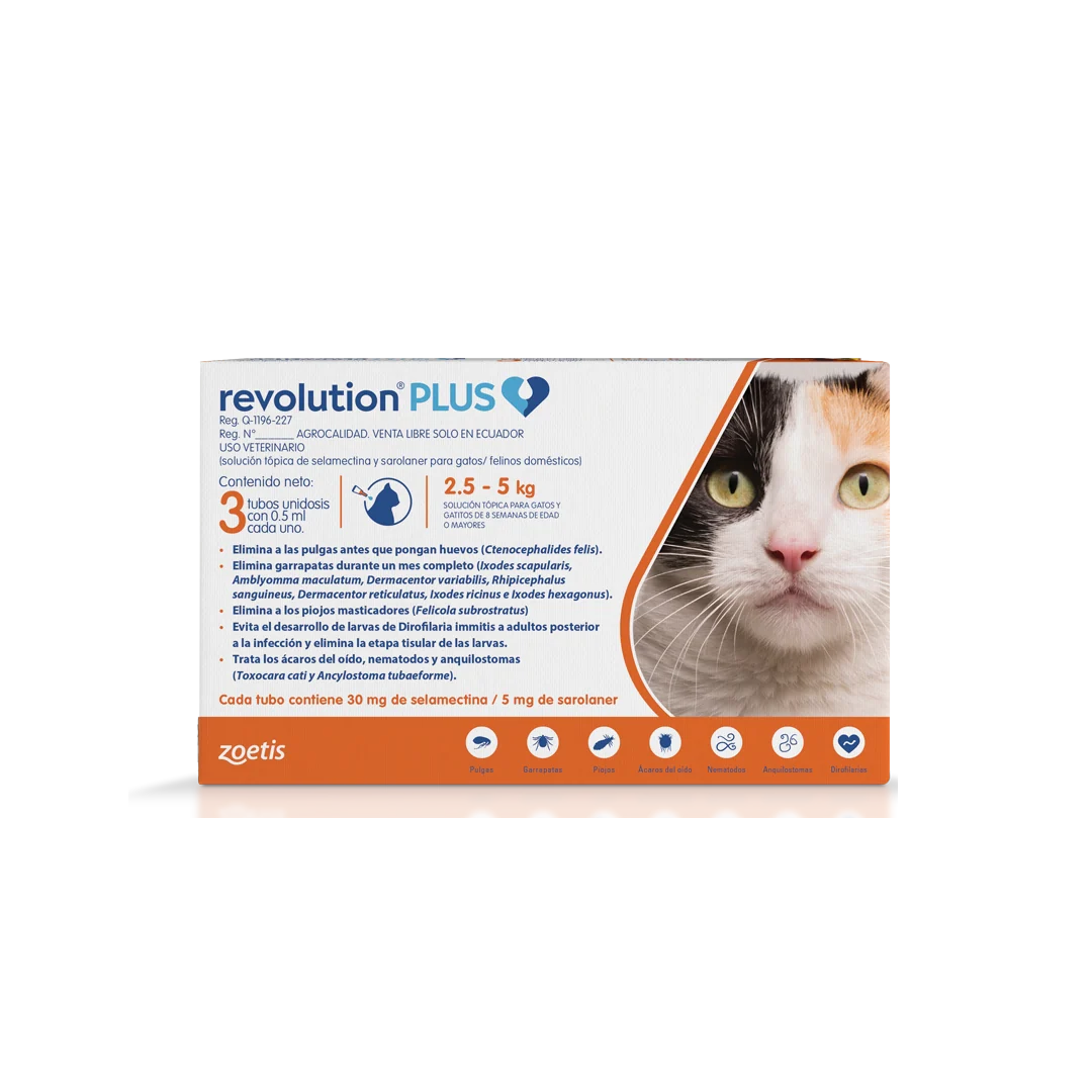 Revolution Plus 0.5 ml para Gatos – Antiparasitario 3U para Gatos de 2.5 a 5 kg Productos veterinarios  | Envios a toda Guatemala
