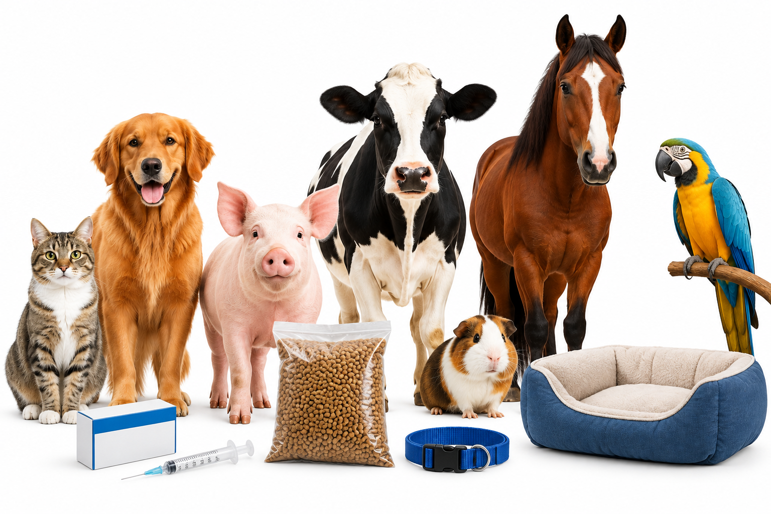 Gato, perro, cerdo, vaca, caballo, cuy y loro junto a comida, medicina y accesorios para mascotas en Farmacia.pet